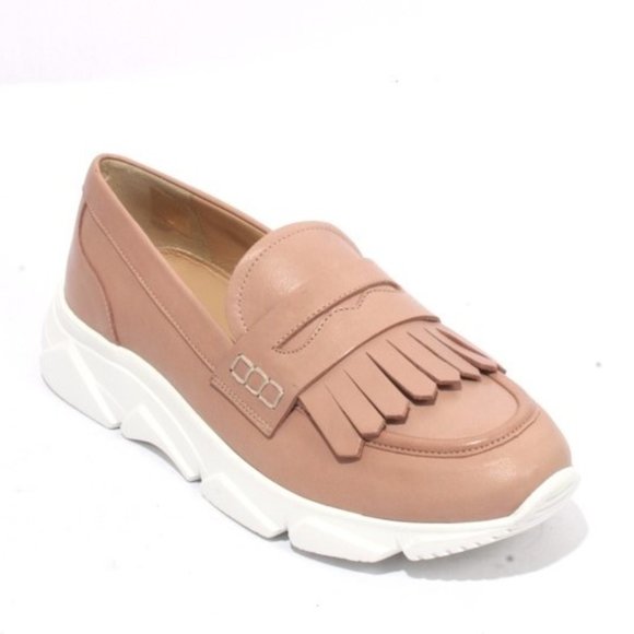 ITALIAN Beige Leather Platform Fringe Moccasins - Picture 1 of 8